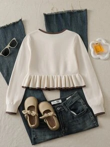 Maglione con design a bottoni bordati e orlo arricciato per ragazze pre-adolescenti - Bianco - Visualizzare 2
