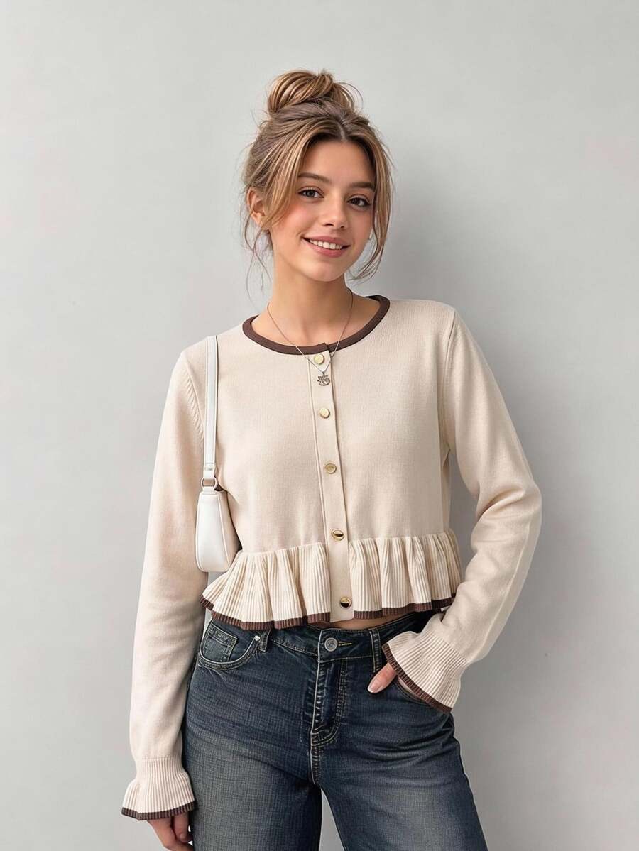 Maglione con design a bottoni bordati e orlo arricciato per ragazze pre-adolescenti - Bianco - Visualizzare 1