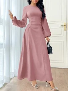 Veilorie Women's Solid Color Simple Daily Long Sleeve Dress Party Elegant Evening Long Sleeve Maxi Dress - Pink - View 8
