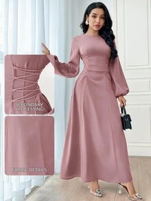 Veilorie Women's Solid Color Simple Daily Long Sleeve Dress Party Elegant Evening Long Sleeve Maxi Dress - Pink - View 2