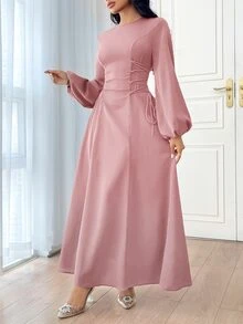 Veilorie Women's Solid Color Simple Daily Long Sleeve Dress Party Elegant Evening Long Sleeve Maxi Dress - Pink - View 9