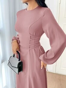 Veilorie Women's Solid Color Simple Daily Long Sleeve Dress Party Elegant Evening Long Sleeve Maxi Dress - Pink - View 5