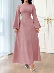 Veilorie Women's Solid Color Simple Daily Long Sleeve Dress Party Elegant Evening Long Sleeve Maxi Dress - Pink - View 6