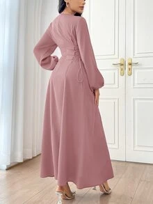 Veilorie Women's Solid Color Simple Daily Long Sleeve Dress Party Elegant Evening Long Sleeve Maxi Dress - Pink - View 4