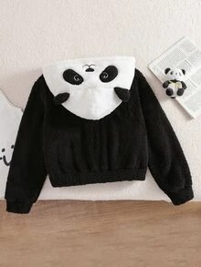 青少年女孩可愛拉鍊長袖刺繡連帽外套 - 黑與白 - 查看 2