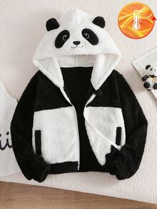 青少年女孩可愛拉鍊長袖刺繡連帽外套 - 黑與白 - 查看 3