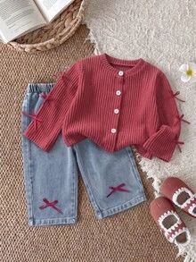 SHEIN Baby Girls Casual Fall Outfits Ribbed Knit Cardigan Jacket And Bowknot Denim Jeans 2pcs Set For Daily Wear Casual Outfit,Outdoor Photos - Pink - View 1