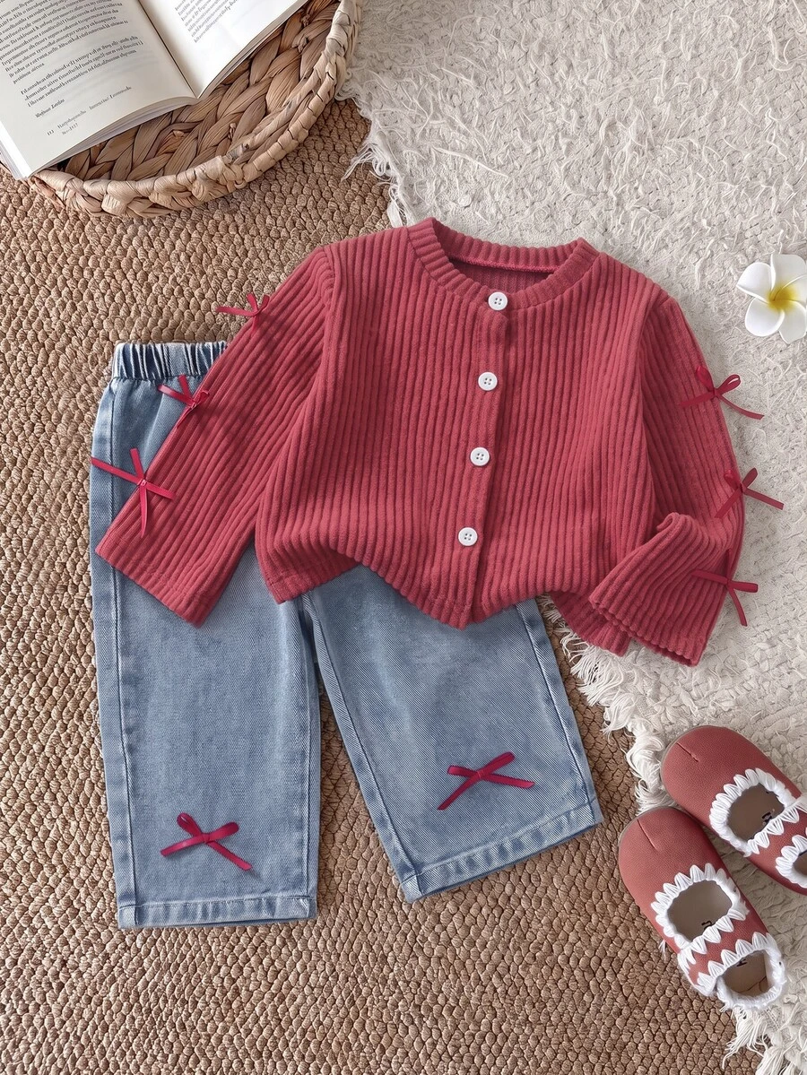 SHEIN Baby Girls Casual Fall Outfits Ribbed Knit Cardigan Jacket And Bowknot Denim Jeans 2pcs Set For Daily Wear Casual Outfit,Outdoor Photos - Pink - View 1