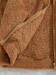 Tween Girl Cartoon Bear Embroidered Plush Hooded Jacket - Brown - View 9