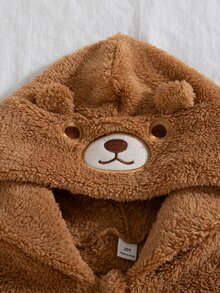 Tween Girl Cartoon Bear Embroidered Plush Hooded Jacket - Brown - View 5