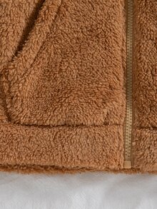Tween Girl Cartoon Bear Embroidered Plush Hooded Jacket - Brown - View 7
