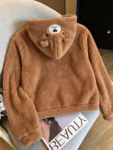 Tween Girl Cartoon Bear Embroidered Plush Hooded Jacket - Brown - View 2
