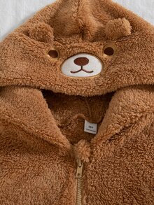 Tween Girl Cartoon Bear Embroidered Plush Hooded Jacket - Brown - View 4