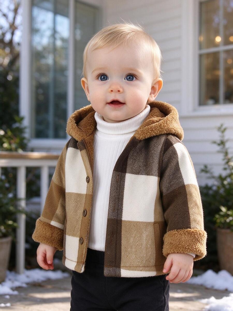 Baby Boy Infant Multi-Color Plaid Fleece Patchwork Hooded Keep Warm Jacket, Brown Beige Button Design, Autumn And Winter Children's Korean Style Coats