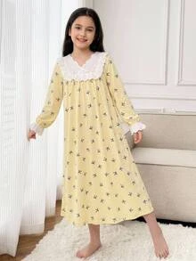 SHEIN 大女孩童裝簡約花卉圖案修飾領長袖寬鬆休閒甜美洋裝，度假休閒長袖花卉洋裝 - 彩色 - 查看 8