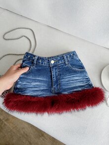 Mori Grove Mori Grove Women's Pocket Button Plush Patchwork Fashion Versatile Denim Mini Skirt - Blue - View 4