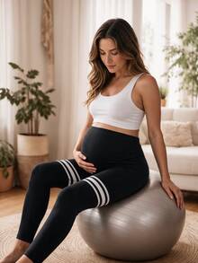 SHEIN Maternity Striped Casual Fitness Sports Long Pants - Black - View 5