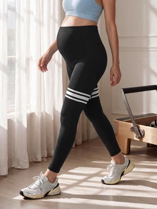 SHEIN Maternity Striped Casual Fitness Sports Long Pants - Black - View 1