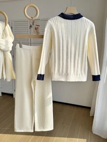 Tween Girl Colorblock Lapel Long Sleeve Sweater And Knitted Pants Set - Beige - View 2