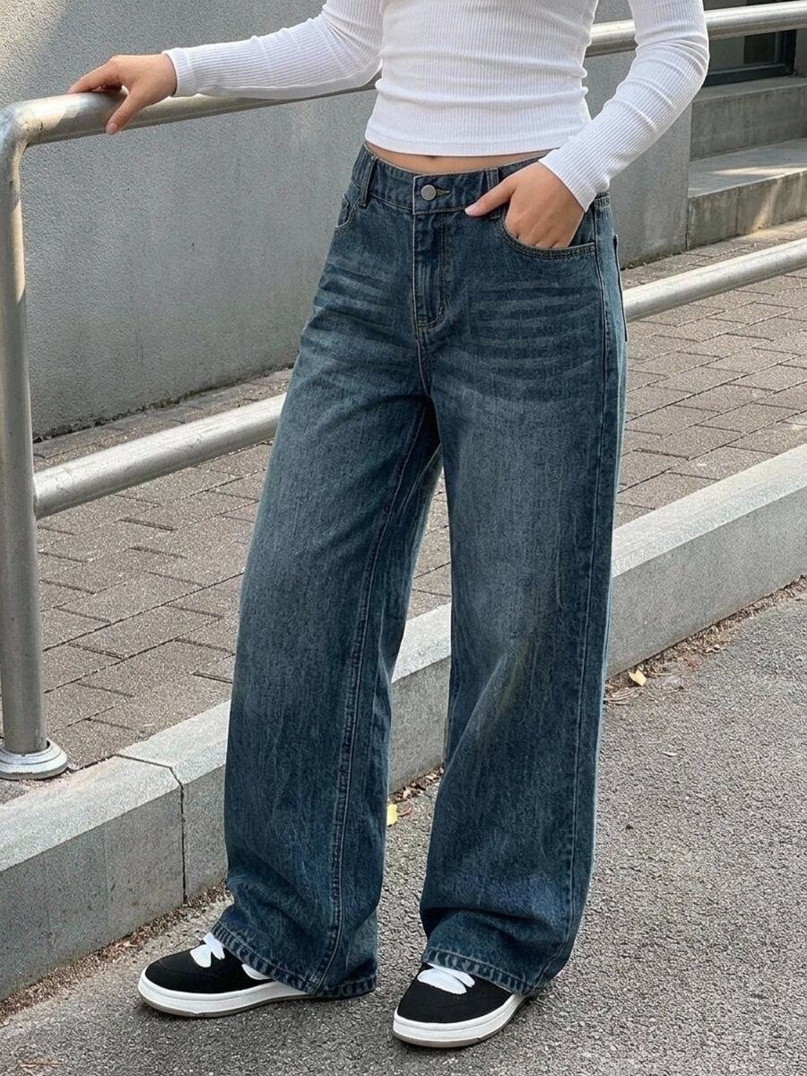 SHEIN Teen Girls Retro Blue Denim Loose Fit Long Pants - Medium Wash - View 1