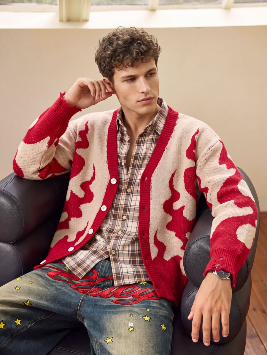 Whitmere Cardigan Casual Solto Masculino ANDREILEE com Padrão de Chama ...