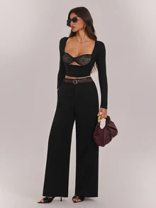 SHEIN Tall Women's Solid Color Elegant Zipper Fly Straight Leg Pants, Suitable For Work And Business Wear - Black - View 8