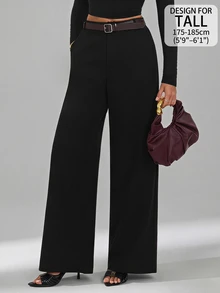 SHEIN Tall Women's Solid Color Elegant Zipper Fly Straight Leg Pants, Suitable For Work And Business Wear - Black - View 13