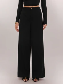 SHEIN Tall Women's Solid Color Elegant Zipper Fly Straight Leg Pants, Suitable For Work And Business Wear - Black - View 3