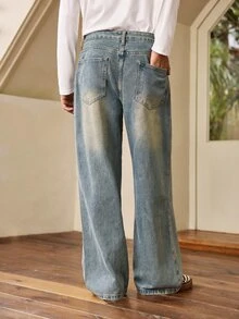 Whitmere Men's Fashionable Streetwear Retro Loose Fit Champagne Blue Jeans - Champagne - View 2
