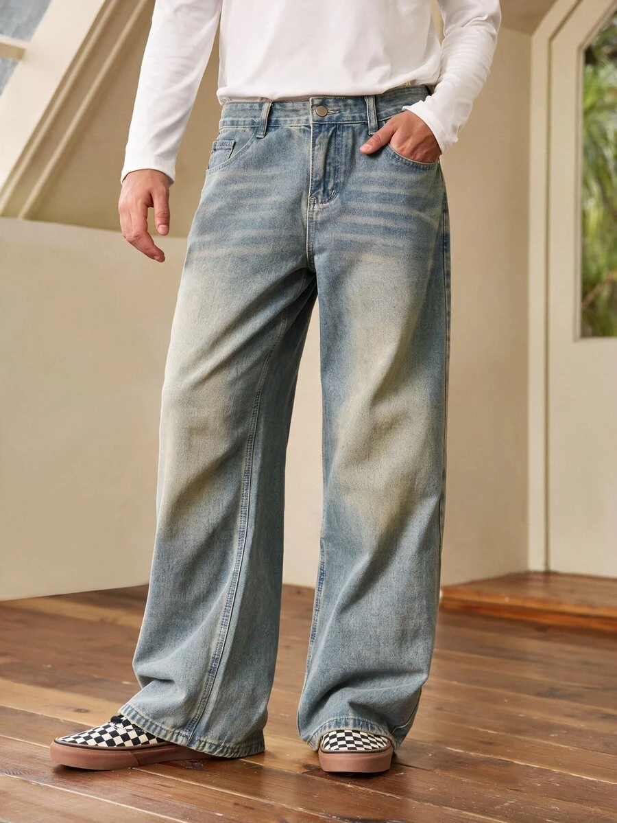 Whitmere Men's Fashionable Streetwear Retro Loose Fit Champagne Blue Jeans - Champagne - View 1