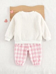 SHEIN Infant Girl Cute Cartoon Baby Girl Bear Pattern Fuzzy Pajama Set With Plaid Autumn Pants Loungewear - White - View 2