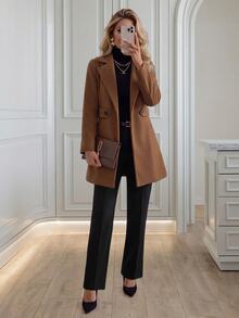 Medorina Women's Fashion Elegant Button Lapel Overcoat - Brown - View 6
