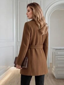 Medorina Women's Fashion Elegant Button Lapel Overcoat - Brown - View 2