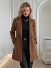 Medorina Women's Fashion Elegant Button Lapel Overcoat - Brown - View 9