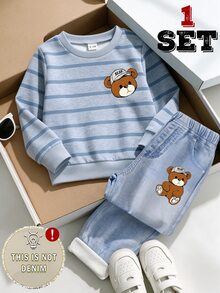 SHEIN Baby Boy Casual Cowboy Racing Sweatshirt Pants Set Featuring Cute Cartoon Dinosaur Striped Bear Prints Fall Outfits School Photoshoot White Light Blue - Multicolor - View 2