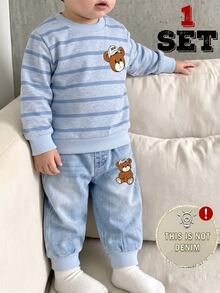 SHEIN Baby Boy Casual Cowboy Racing Sweatshirt Pants Set Featuring Cute Cartoon Dinosaur Striped Bear Prints Fall Outfits School Photoshoot White Light Blue - Multicolor - View 4
