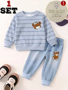 SHEIN Baby Boy Casual Cowboy Racing Sweatshirt Pants Set Featuring Cute Cartoon Dinosaur Striped Bear Prints Fall Outfits School Photoshoot White Light Blue - Multicolor - View 5