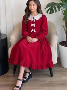 SHEIN 少女秋冬聖誕蝴蝶結簡約休閒洋裝 - 紅白色 - 查看 7