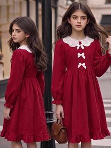 SHEIN 少女秋冬聖誕蝴蝶結簡約休閒洋裝 - 紅白色 - 查看 11