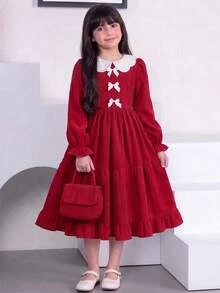 SHEIN 少女秋冬聖誕蝴蝶結簡約休閒洋裝 - 紅白色 - 查看 9