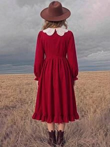SHEIN 少女秋冬聖誕蝴蝶結簡約休閒洋裝 - 紅白色 - 查看 5