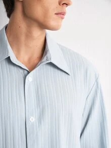 Claim Dot Men's Solid Color Single-Breasted Casual Modest Commute Vacation Beach Vacation Long Sleeve Shirt Birthday Graduation Baby Blue Autumn - Blue - View 3