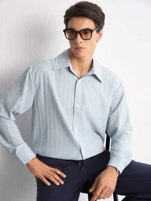 Claim Dot Men's Solid Color Single-Breasted Casual Modest Commute Vacation Beach Vacation Long Sleeve Shirt Birthday Graduation Baby Blue Autumn - Blue - View 4