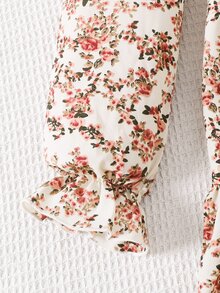 Tween Girl Fall Casual Kids Matching Vintage Elegant Thanksgiving Woven Small Ditsy Floral Round Neck Ruffle Trim Patchwork Long Sleeve Dress Beige - Pink - View 7