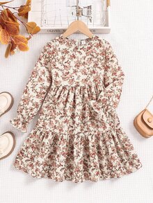 Tween Girl Fall Casual Kids Matching Vintage Elegant Thanksgiving Woven Small Ditsy Floral Round Neck Ruffle Trim Patchwork Long Sleeve Dress Beige - Pink - View 2