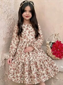 Tween Girl Fall Casual Kids Matching Vintage Elegant Thanksgiving Woven Small Ditsy Floral Round Neck Ruffle Trim Patchwork Long Sleeve Dress Beige - Pink - View 1