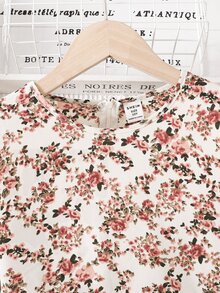 Tween Girl Fall Casual Kids Matching Vintage Elegant Thanksgiving Woven Small Ditsy Floral Round Neck Ruffle Trim Patchwork Long Sleeve Dress Beige - Pink - View 5