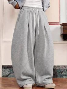 SWAVVY Quần nỉ nam dáng rộng ống rộng oversized, cạp dây rút, xếp ly phối patchwork, màu xám nhạt, có túi, phong cách casual thể thao streetwear, cho mùa hè nghỉ dưỡng và xuân/thu - Màu Xám nhạt - Xem 1