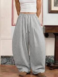 SWAVVY Quần nỉ nam dáng rộng ống rộng oversized, cạp dây rút, xếp ly phối patchwork, màu xám nhạt, có túi, phong cách casual thể thao streetwear, cho mùa hè nghỉ dưỡng và xuân/thu - Màu Xám nhạt - Xem 3