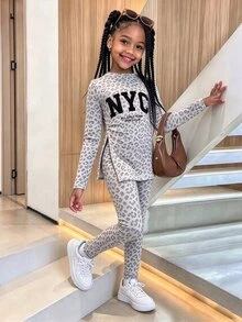 SHEIN 青少年女孩寬鬆長袖冬季上衣與緊身內搭褲2件套，卡通圖案，粉色與白色，Y2K 牛仔女孩風，可愛學生款 - 彩色 - 查看 3